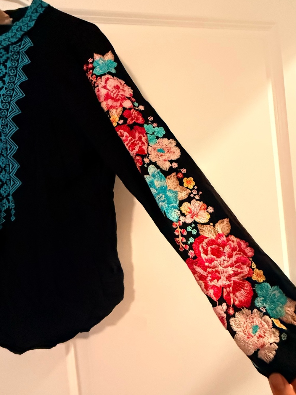 Savanna Jane Black Blouse with Turquoise Embroidery and Floral Sleeves - Picture 3 of 6